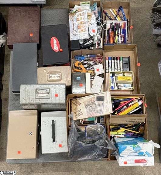 Skid of Office Supplies - Cash Boxes, Coin Sorter, Pens and Pencils, Notepads, Misc - SKID NOT INCLUDED image