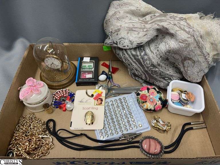 Scarf, Scarf Rings, Bolo Tie, C & C Products Inc. Small Pocket Watch, Round Magnets, Decorative Scissors, 4 Stick Pin Brooches, 2 Gold Tone Purse Chains, Equity Pocket Watch with a Display Stand and 2 Small Trinket Boxes