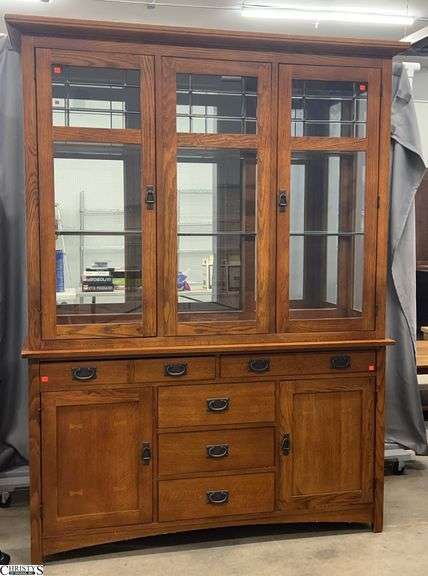 Bassett Light China Buffett Cabinet - 2pcs - 62" x 18" x 84" - some chipping to interior glass shelves image