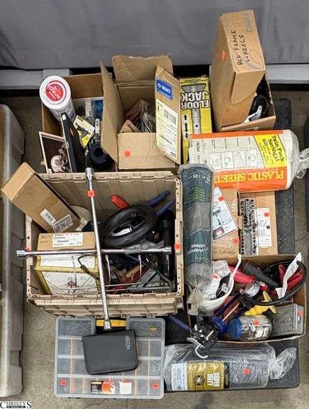 Skid of Hand Tools/Hardware - Tapco Floor Jack, Screws, Sockets, Plastic Sheeting, Tire Iron, Misc - SKID NOT INCLUDED image