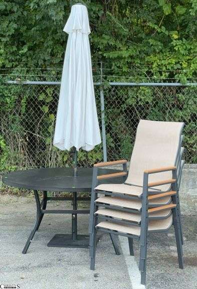7pc Outdoor Patio Set - Includes 60" Round Aluminum Table, Patio Umbrella, 4 Chairs, Umbrella Stand - 60" x 28" of table - some scuffing/wear from use image