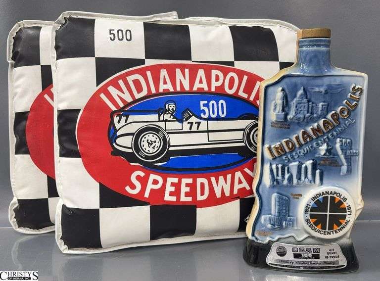 Vintage Indianapolis 500 Speedway Cushions and Indianapolis Sesquicentennial Decanter - 14" x 12" of each cushion image