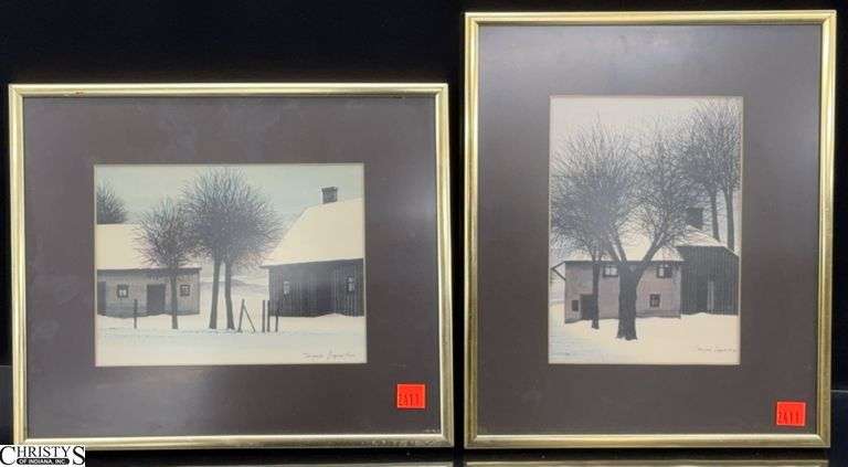 2 Framed Snow Scene Prints after Jacques Deperthes - 12" x 10" of each image