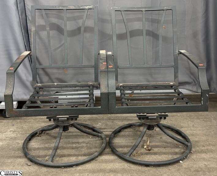 2 Outdoor Patio Swivel Chairs - 23" x 34" - 16" seat of each - no cushions, shows wear from outdoor use image