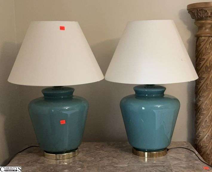 Pair Teal Green Table Lamps - 24" T of each image