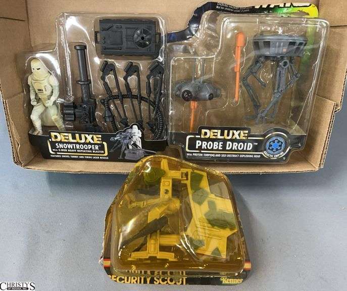 3 Vintage 1995 Star Wars Deluxe Action Figures: Security Scout, Snowtrooper, Probe Droid image