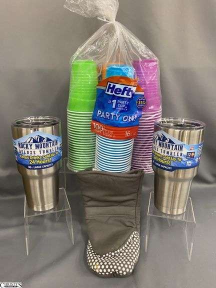 Box of Hot Pad, Plastic Cups, Metal Tumblers