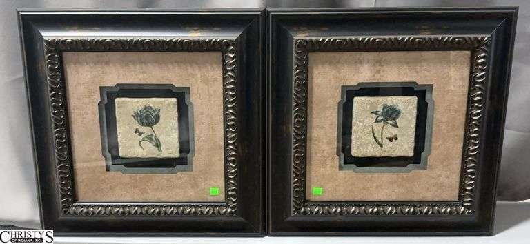 Pair Framed Floral Motif Tile Wall Art - 22" x 22" of each frame image