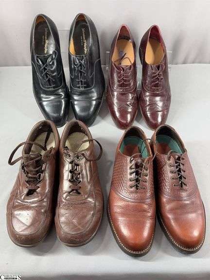4 Pairs of Men's Shoes.  Black Johnston & Murphy Size 13 Dress Shoes, a Brown Pair of Rick Pallack Size 13 M, a Brown Pair of H.S. Trask Size 12M.  These 3 Pairs of Shoes are used but in good condition.  Also included is a Brown Pair of SAS Shoes in well used condition.  Size not seen. image