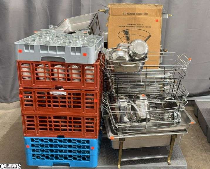 Skid of Chafing Dishes, Cambro Lids, Wire Chafing Frames, Pitchers, 5 Racks Glassware and Coffee Mugs - SKID NOT INCLUDED