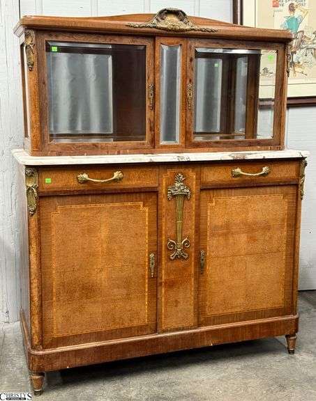 Camard French Louis XVI Style Marble Top Banded Display Cabinet, w/ Keys - 3pcs - 55" x 22" x 41" of base cabinet - some finish wear/toning, chipping to veneer