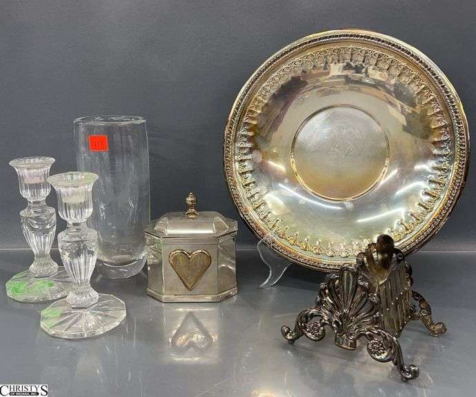 Waterford Crystal Candlesticks, Orrefors Crystal Vase, Silverplate Tray, Trinket Box, Knife Rest - 11" D of tray image