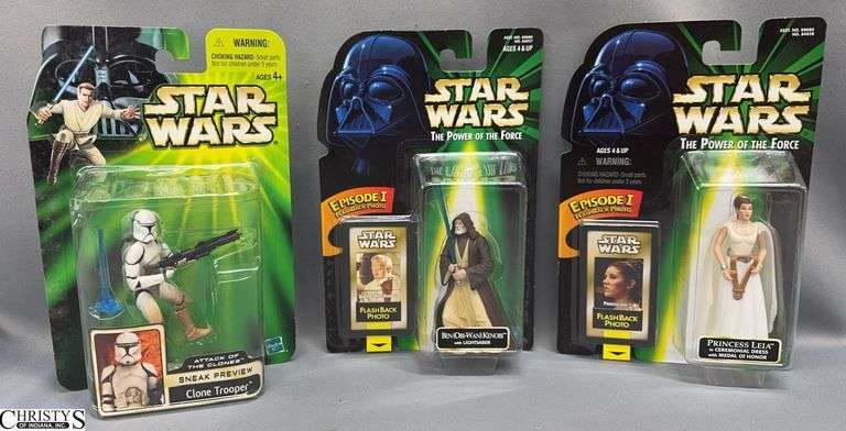3 Star Wars Action Figures, Pricess Leia and Ben (Obi-Wan) Kenobi Power Of The Force 1998, and Clone Trooper Attack of the Clones 2001 image