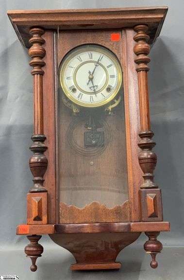 Wood Case Wall Clock - 15" x 6.5" x 24" - some wear, chipping to wood image