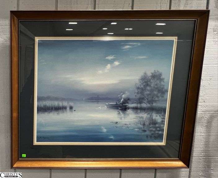 Framed Lake Scene Print after D. F. Dune - 39" x 33" of frame image