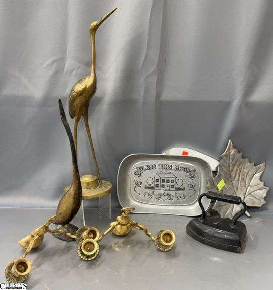 Cast Iron Sad Iron, Brass Crane, Duck, Wall Sconces, Aluminum Leaf, Tray, XO Decor - 18" T of crane image