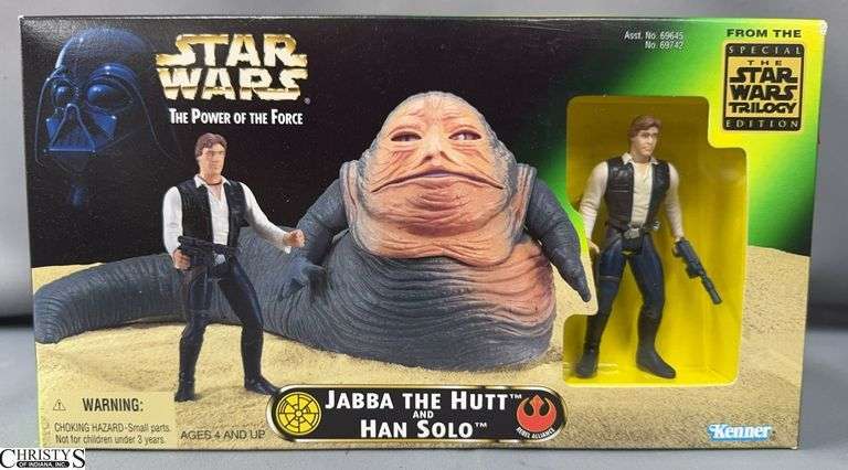 Star Wars The Power of The Force Jabba The Hutt and Han Solo Action Figure Set 1997 In Box image