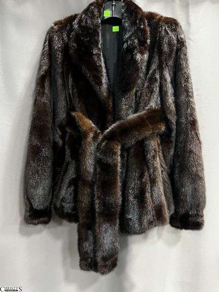Ladies Mahogany Mink Fur Jacket - 17" from shoulder to shoulder, 20" underarm to underarm, 24" from shoulder to cuff, 28" from collar to hem - has monogram to interior image
