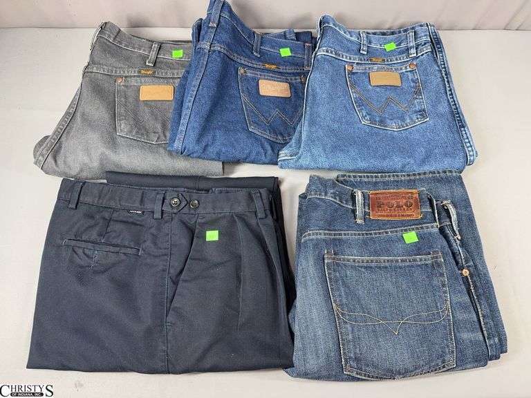 5 Pairs of Men's Pants- 1 Pair of Polo Ralph Lauren Denim Jeans Size 38 X 36, 2 Pair of Wrangler Denim Jeans 36 X 38, 1 Pair of Gray Color Wrangler Denim Jeans Size 36 X 38 and 1 Pair of Navy Blue Dockers Size 36 X 38 image