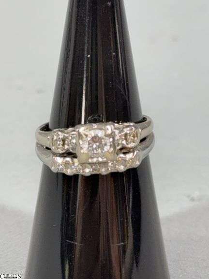 White Gold Diamond Wedding Set- The bands are soldered together.  One band is marked 18K and the other is marked 14K image
