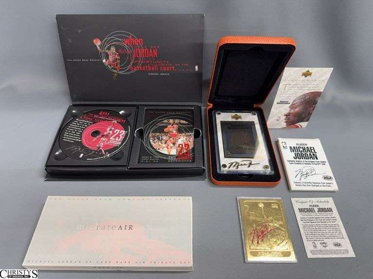 Michael Jordan Replica Rookie Card, 24k Gold Collectable, 1994 Upper Deck Rare Air, 26 Nights Card Set, and DVD image