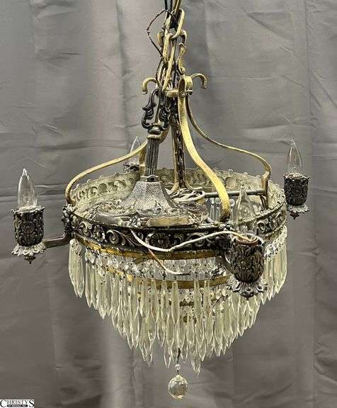 Art Deco Tiered Chandelier - Some finish wear from age, May be missing prisms - 23" D x 26" T approx