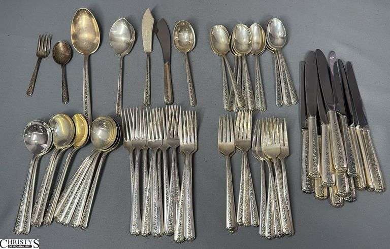 66 Towle Rambler Rose Sterling Silver Flatware Pieces- 12 Teaspoons, 12 Dinner Forks, 12 Salad Forks, 12 Soup Spoons, 12 Knives, 1 Butter Knife, 1 Sugar Spoon, 2 Serving Spoons and 1 Cheese Spoon image