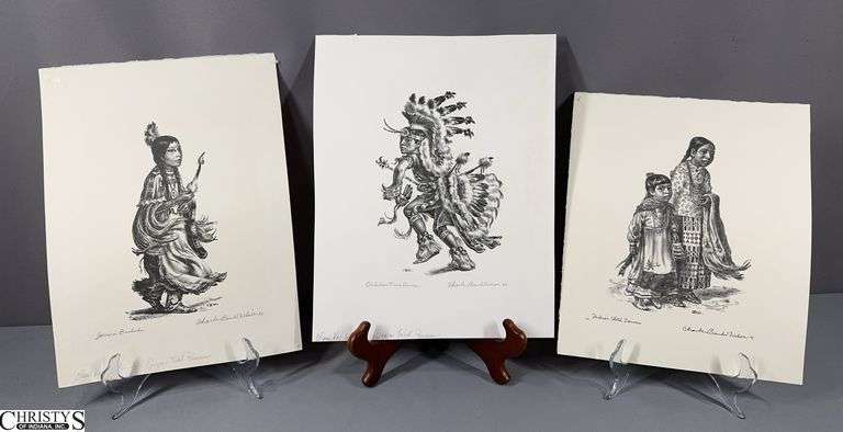 "Carrie in Buckskin", "Indian Cloth Dancers", and "Oklahoma Fancy Dancer" Signed Charles Banks Wilson Lithographs - 13" x 9.5" of paper image