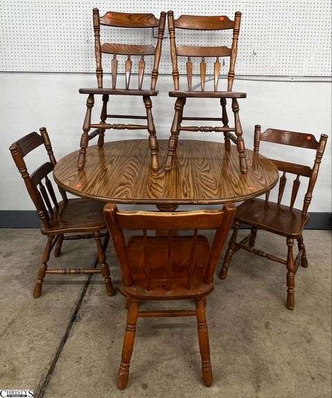 Wooden Kitchen Table and 5 Chairs - 54" x 42" x 30" of table - shows wear and scuffing