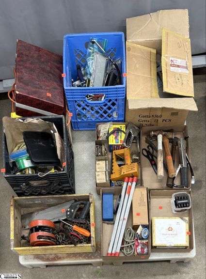 Skid of Hand Tools/Hardware - Chains, Pulley, Staples, Paint Supplies, Extension Cords, Misc image