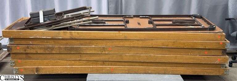 7 Folding Tables, 2 Metal Folding Chairs - Shows wear - 96" x 30" approx of largest - SKID NOT INCLUDED image