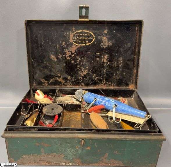 Vintage Shakespeare Metal Tackle Box and Assorted Lures - 13" x 8" x 4.5" of tackle box image