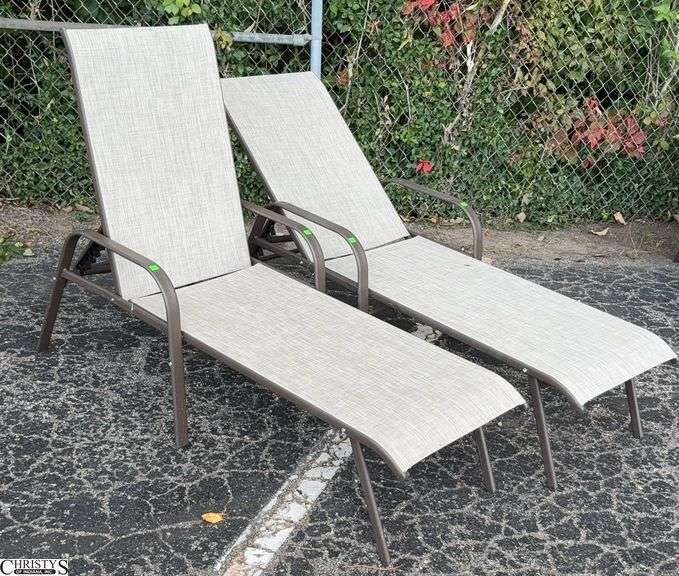 2 Adjustable Patio Outdoor Loungers - 24" W x 66" L x 40" as sits, some scuffing/wear from use image