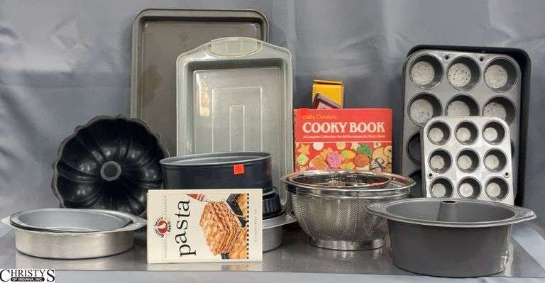 2 Boxes Assorted Baking Pans, Strainers, Silpat Baking Mat - 18" of largest image