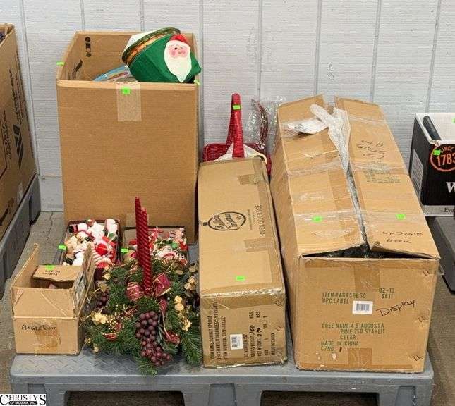 Assorted Christmas Decor - Ornaments, Artificial Trees, Tree Topper, Tins, Misc - SKID NOT INCLUDED image