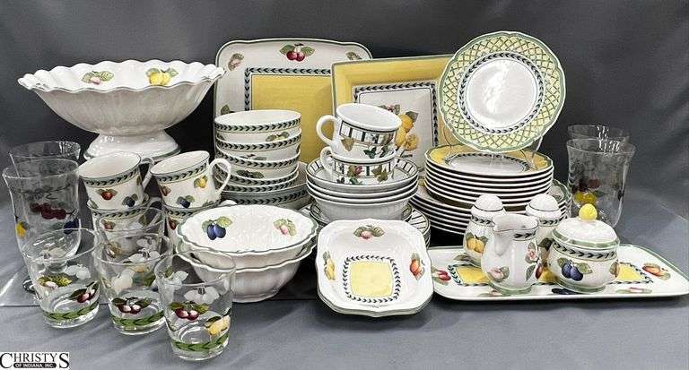 Villeroy & Boch and Casual Images by Lenox Assorted Dishes - 10.5"D of dinner plate - Plates, Coffee Cups, Cream and Sugar, Salt and Pepper, Glasses, Serving Dishes - approx 55pcs - some utensil marks/wear image