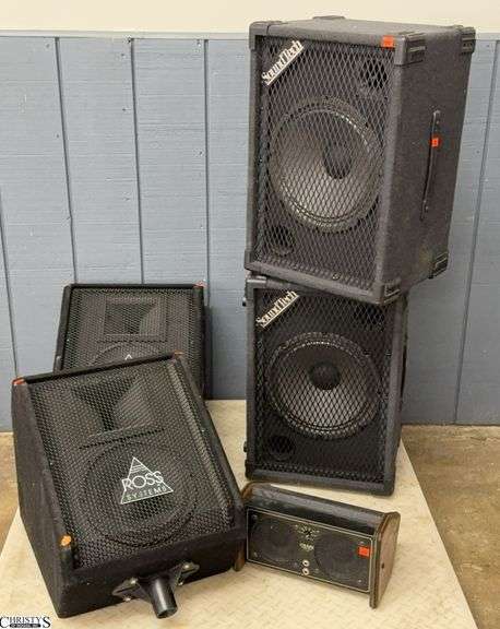 2 Ross Systems PA Speakers, 2 Sound Tech Model 112T, and Crate Monitor UPM-116 - Untested - 16" x 17" x 22" of PA Speaker - SKID NOT INCLUDED
