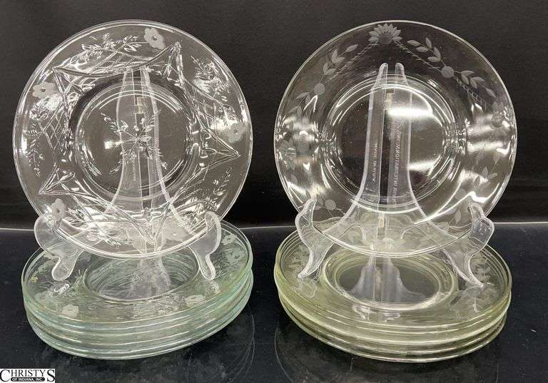 14 Etched Various Pattern Glass Dessert Plates - 8" D of each image