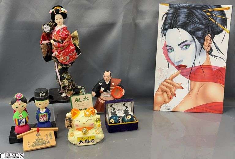 Asian Influence Decor - Figurines, Baoding Balls, Coin Bank - 12" of tallest image