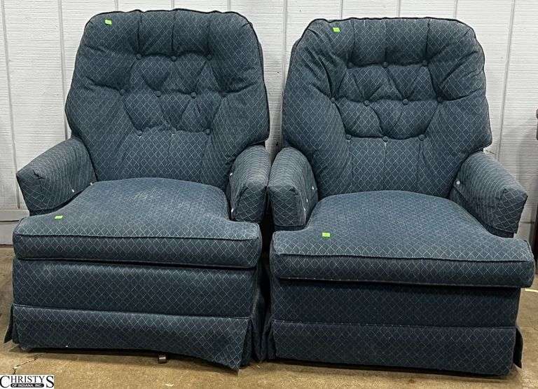 Pair Upholstered Swivel Rocker Chairs - 28" x 39" - 16" seat of each, some wear, toning to upholstery image