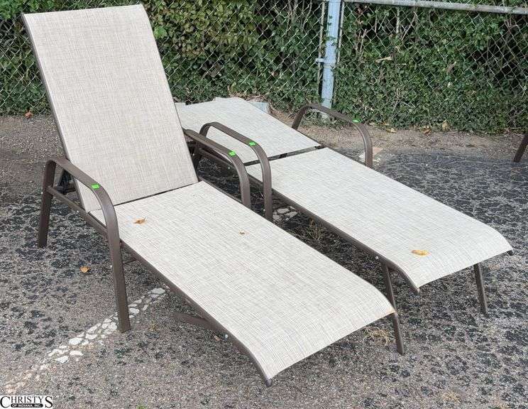 2 Adjustable Patio Outdoor Loungers - 24" W x 66" L x 40" as sits, some scuffing/wear from use image