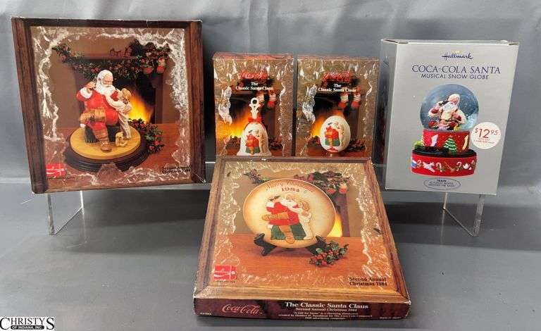 5 pcs Coca Cola Christmas Snow Globe, Plate, Bell, Egg, Musical Figurine - 8" approx of largest