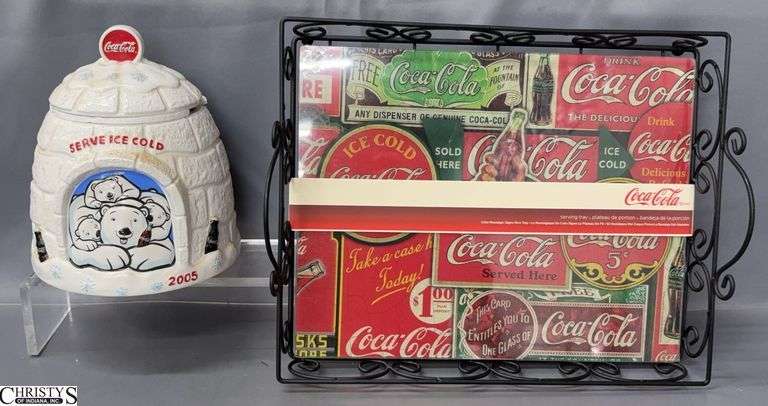 Coca Cola Cookie Jar and Decorative Tray - 16" x 13" of tray