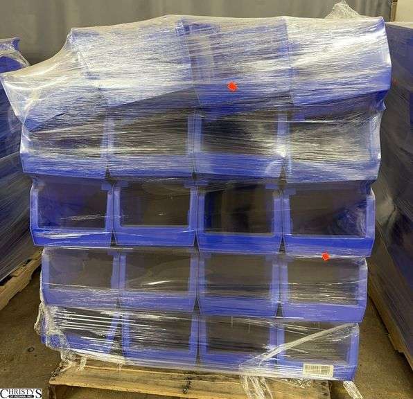 Wooden Pallet of Blue Reach In Organizers Each One Measures 11x23x10" Tall Pallet included image