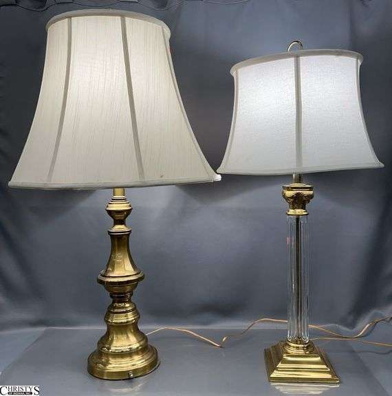 2 Table Lamps - Brass Tone and Glass Column - 35" of tallest image