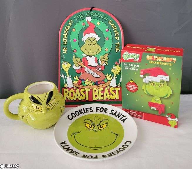 Grinch Mug, Plate, Brick Building Set, and Wall Plaque image