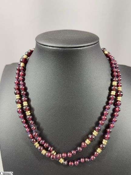 Garnet Beaded Necklace with Gold Accents and a Garnet Beaded Bracelet with Gold Accents (clasp marked 14K) image