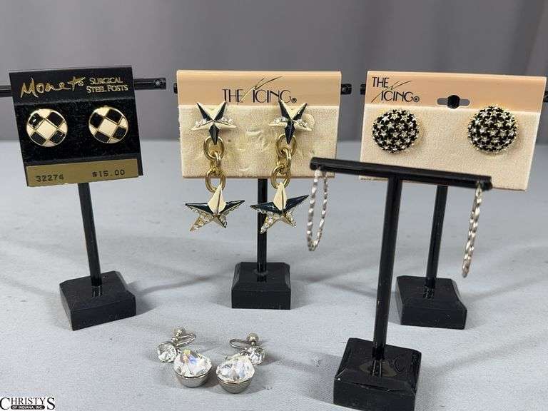 5 Pairs of Earrings.  Crystal Teardrop Screw-Back Earrings, 1 Pair of Monet Earrings, Silver Tone Hoop Earrings and 2 Pairs of The Icing Earrings image