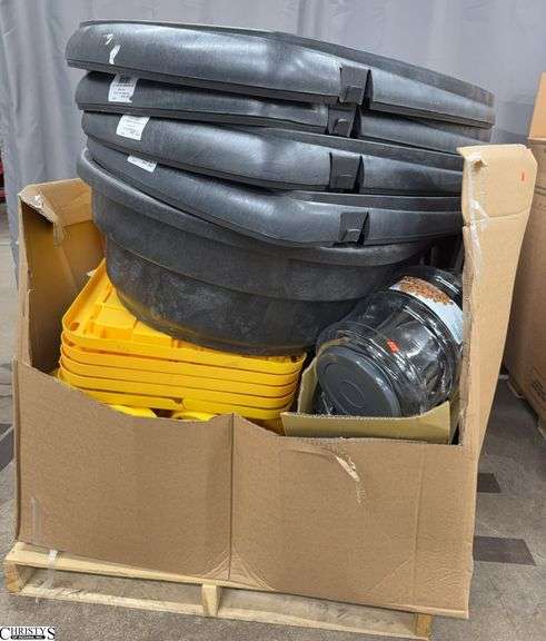 Gaylord of Parts, Dog Kennel Bases, Yellow Tote Lids, Aluminum Lids, Buckets, Parts to Gravity Feeders, 33 Gallon Trash Can Lids, Store Returns Damaged Items image