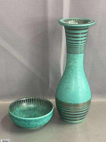 2 Gustavsberg Argenta Swedish Ceramic Vase and Dish - 9" of vase